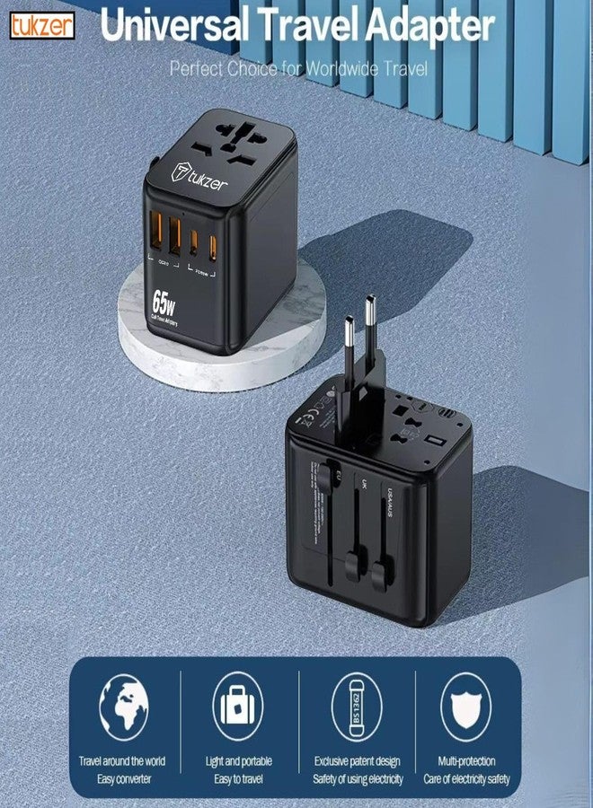 توكزر محول سفر عالمي من توكزر بقوة 65 واط، محول شحن سريع بتقنية GaN مزود بمنفذي Type-C ومنفذ USB واحد، مقبس عالمي، محول سفر دولي شامل لشحن أجهزة الكمبيوتر المحمولة/ماك بوك والهواتف المحمولة - أسود - Image 2